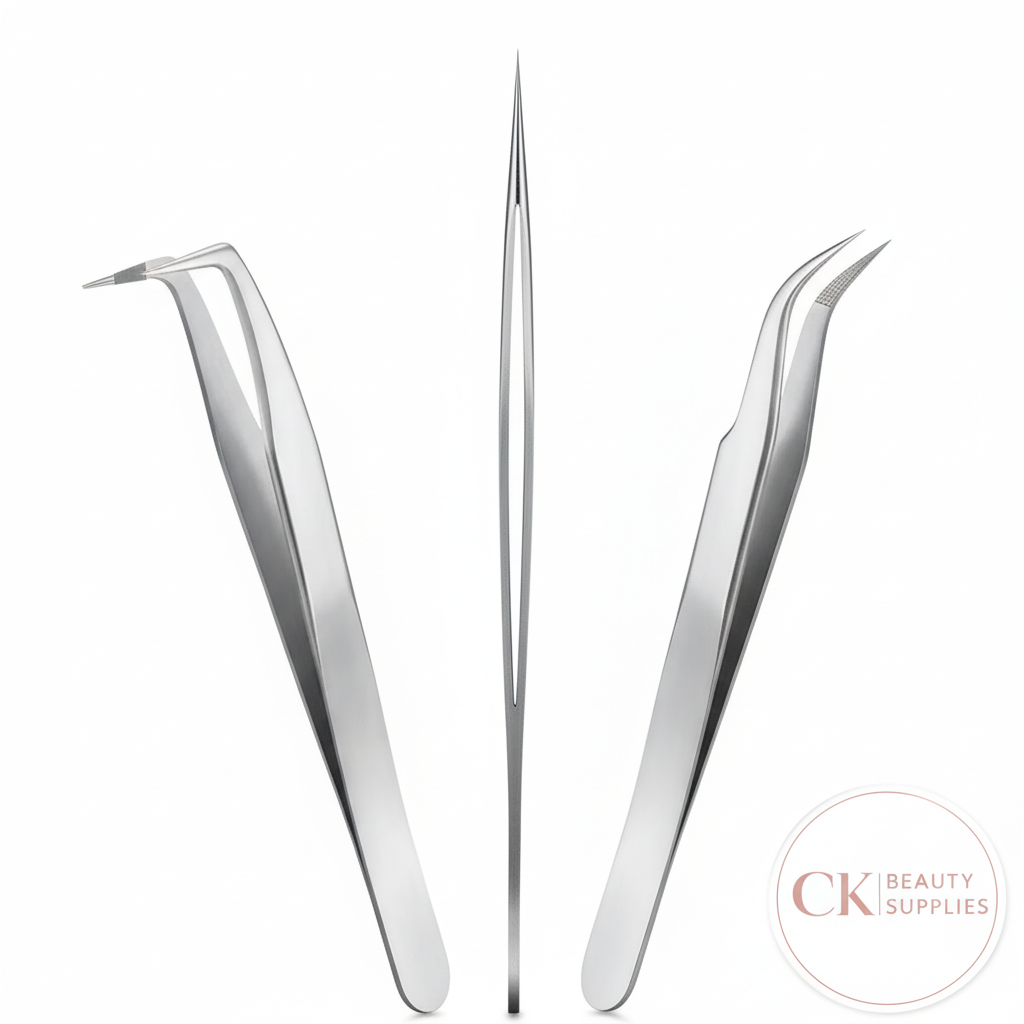 Professional Eyelash Extension Tweezers with CK Beauty Supplies Logo