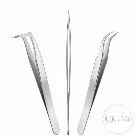 Professional Eyelash Extension Tweezers with CK Beauty Supplies Logo